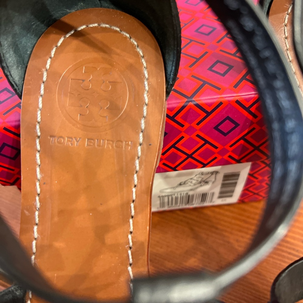Tory Burch Black and Brown Logo Leather T-Strap Sandals - Picture 3 of 5